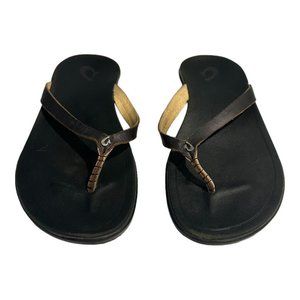 Olukai Ho'opio Leather Black & Brown Thongs Size 7